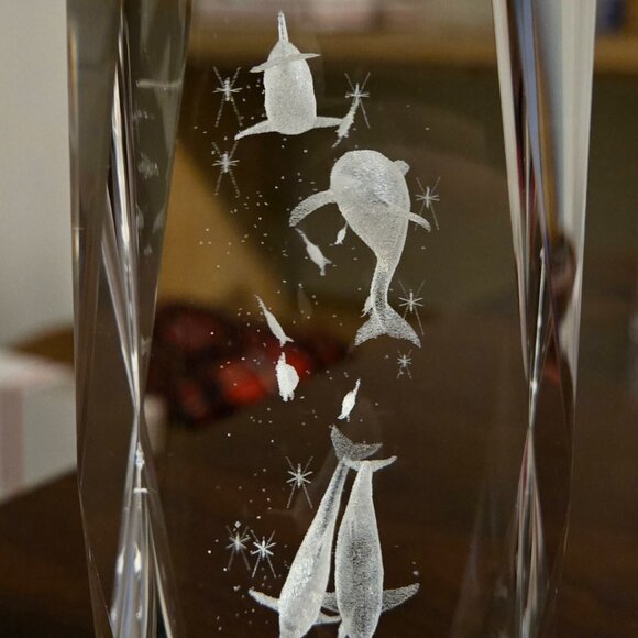 3D Laser Etched Crystal 6" Tall Dolphins & Fish - Picture 2 of 4